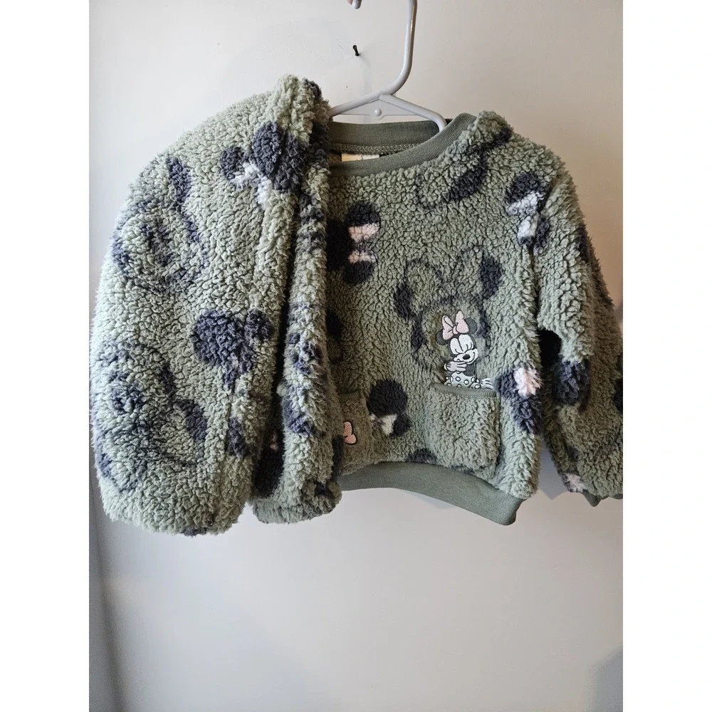 Disney‎ Baby Green Minnie Print Fuzzy Set Girls Long Sleeve And Pants Set Sz 18M